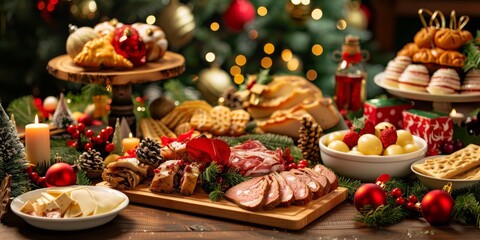 Fototapeta premium Thanksgiving Food and Dessert for party invitation, Christmas party celebration with dinner meal on table, Happy new year and Xmas scene, wooden table full of food and treats