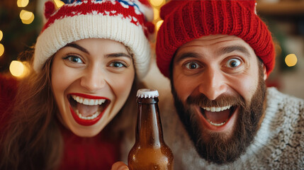 Joyful couple celebrating housewarming and Christmas, warmly greeting friends at home entrance with surprise and beer in hand