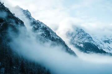 Obraz premium Misty Mountain Landscape, Dramatic Cloudy Sky