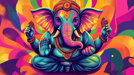 A colorful pop art style illustration of Lord Ganesha, blending vibrant hues and modern artistic elements, representing the deity in a playful, youthful, and contemporary form.