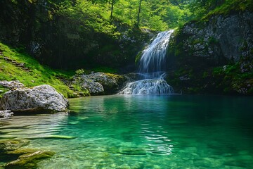 Serene waterfall cascading into crystal clear natural pool surrounded by lush greenery