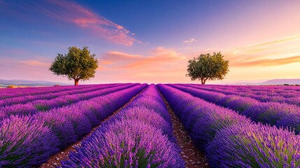 A field of lavender with two trees in the middle of it