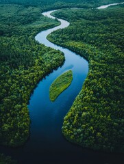 Aerial view of the Venueskaya River winding through green forests, with blue waters and lush vegetation