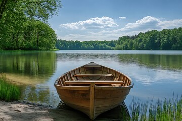 Obraz premium Wooden rowboat on a tranquil lake shore in a peaceful setting with green trees and blue sky