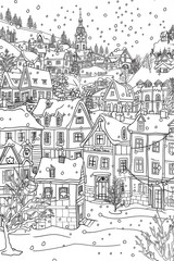 Obraz premium Coloring book illustration of a winter scene featuring a quaint city blanketed in snow
