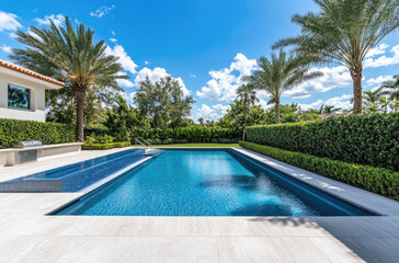a large outdoor pool with depth and palm trees in the background, grey patio tiles around it.