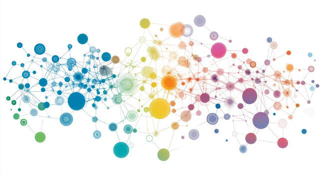 A digital mind map with abstract connections and nodes, each one representing a different idea in a collaborative brainstorming process