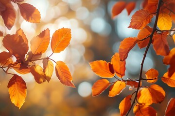 Fototapeta premium Close up of Autumn Leaves with Sunbeams, Beautiful Fall Colors