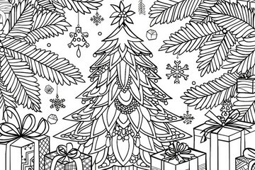 Coloring book illustration of a seamless pattern featuring a Christmas tree and gifts New year theme