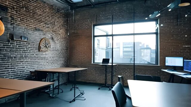 A modern office space with industrial brick walls and large windows allowing natural light, featuring desks, a sleek computer setup, and minimalistic decor
