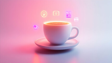 3D Coffee Cup on White Surface with Holographic Community Icons & Growth Symbols Above - Minimalist Scene with Ample Copy Space