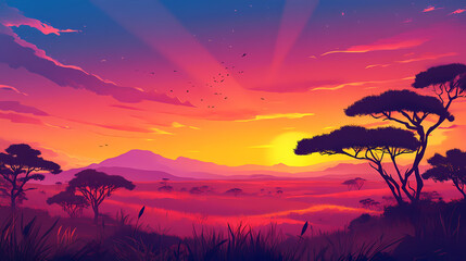 Obraz premium Sunset over a savanna landscape. Savanna at Dusk. Illustration