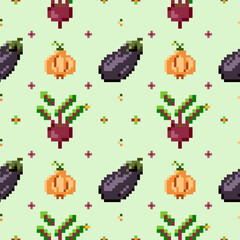 Seamless pattern of vegetables onion, eggplant, beetroot in pixel art style.