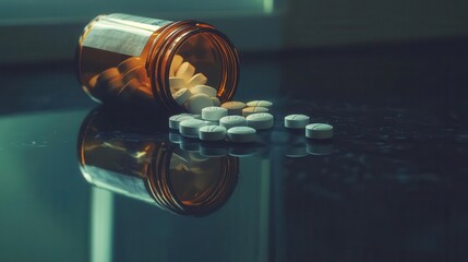 somber still life of prescription opioid pills spilling from bottle onto reflective surface, highlighting addiction crisis