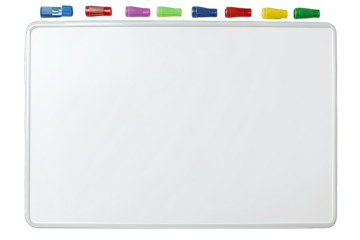 A clean whiteboard with colorful markers, perfect for notes, planning, and brainstorming sessions in any office or classroom.