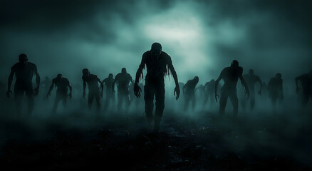 Silhouette of zombie horde against dark sky background