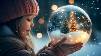 Naklejka premium Young child holds a shimmering snow globe filled with tiny Christmas tree inside during a snowy evening in winter wonderland.