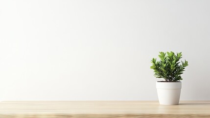 Wooden desk featuring a small green plant in a minimalist setting with a white background, offering copy space.