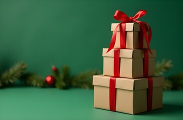 
Christmas tree, folded from cardboard boxes tied with ribbon, on a minimalist green background with Christmas garlands