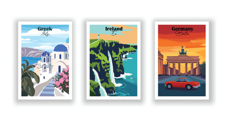 Ireland, Eu, Greek, Italy, Germany, Berlin - Set of 3 Vintage Travel Posters. Vector illustration. High Quality Prints © DesignerThc