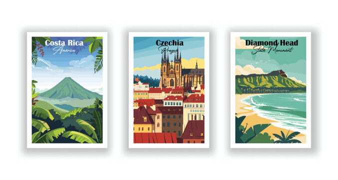 Costa Rica, America, Czechia Prague, Diamond Head State Monument, Hawaii - Set of 3 Vintage Travel Posters. Vector illustration. High Quality Prints