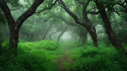 Mysterious Forest Path with Fog
