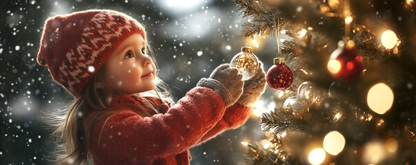 A child decorating a Christmas tree with glitter ball and baubles during winter with snowflakes on the background.