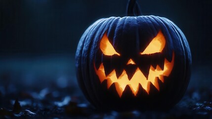 Fototapeta premium spooky carved pumpkin with glowing eyes and jagged grin, dramatically lit from within against a dark background, creating an eerie halloween atmosphere