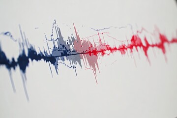 Obraz premium A close-up of an audio waveform on a white background, showing different colors of the sound waves.