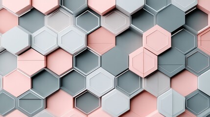 Abstract hexagonal tiles with small triangles in muted pink and gray, forming a modern, geometric layout.