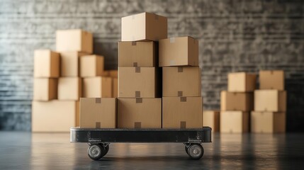 stacked cardboard boxes on industrial trolley in warehouse setting. various package sizes showcase logistics and distribution process. neutral colors with emphasis on texture and arrangement.