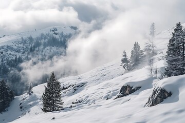 Obraz premium Snowy mountain landscape with clouds and pine trees