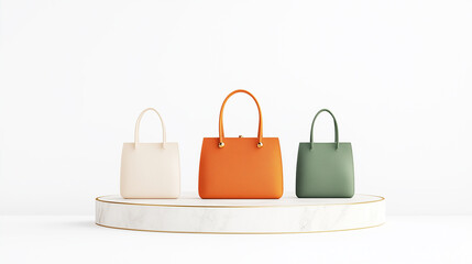 Stylish handbags displayed on a minimalist pedestal