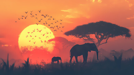 Fototapeta premium Silhouettes of an elephant and calf against a radiant sunset with acacia trees and a flock of birds in a tranquil savanna setting. generative ai. Savanna at Dusk. Illustration