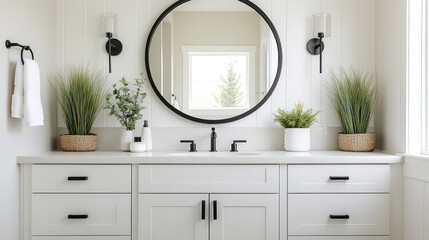 Bathroom with wooden cabinet and white porcelain sink under a long frameless mirror next to a dressing room. Generative AI