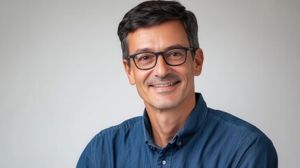Obraz premium studio portrait of charismatic man with glasses, crisp blue shirt, confident smile, clean white background, professional headshot style