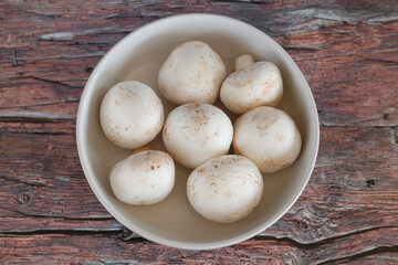 fresh white mushrooms in a white bowl close up top view