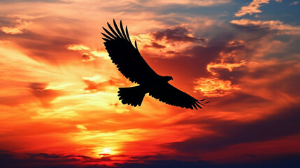 Obraz premium The silhouette of an eagle soaring high, wings outstretched against a vivid sunset sky