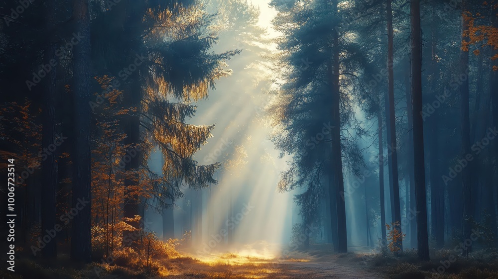 Wall mural sunlight beams through the trees in a misty forest.