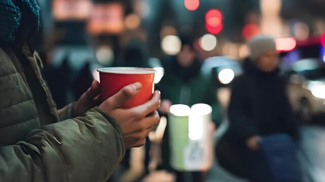A homeless person holds a red cup asking for alms in a bustling city street illuminated by colorful lights and blurred silhouettes of people enjoying a lively atmosphere