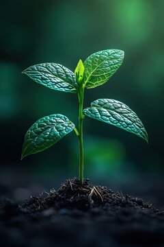 A sprout growing from the ground, macro. 
Ecology concept