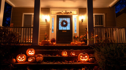 Fototapeta premium a house with pumpkins lit up on the front porch and front door at night with a wreath on the front porch, Dennis Ashbaugh, folk art, spooky,