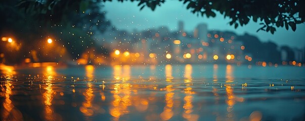 Obraz premium Blurred background, raindrops on the water surface, reflections of blurred city lights in the distance, warm colors