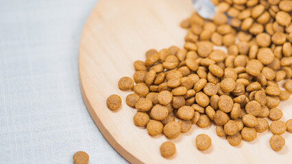 Scattered Dry Pet Food on Wooden Board