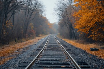 Obraz premium Empty railroad tracks in the forest on a foggy day with autumn leaves on the ground