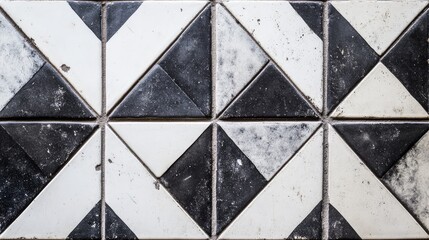 Bold, angular triangles in shades of dark gray and white, arranged symmetrically across the surface of square tiles.