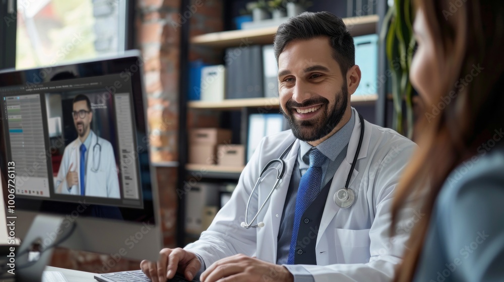 Poster a man in a white lab coat is smiling at a woman on a computer screen