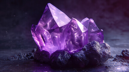 Fototapeta premium A purple amethyst gemstone, sparkling and shining with sharp edges and is depicted in a highly detailed style with a dark background