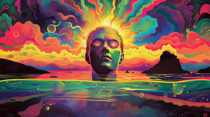 A psychedelic poster of the sun rising over an island, with a face in profile and glowing eyes. 