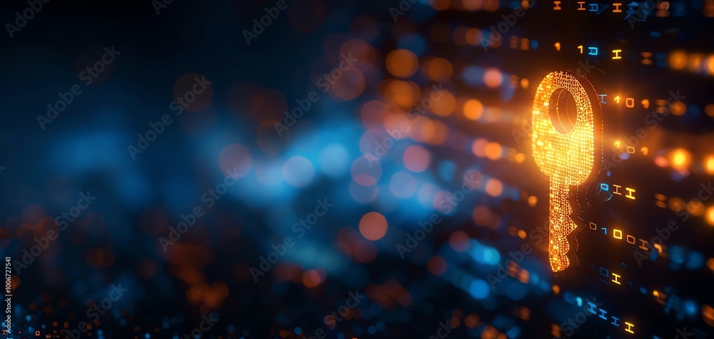 Poster A glowing digital key symbolizing security and encryption against a backdrop of abstract technology patterns.